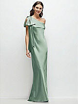 Front View Thumbnail - Seagrass One-Shoulder Bias-Cut Satin Maxi Dress with Cascading Shoulder Bow
