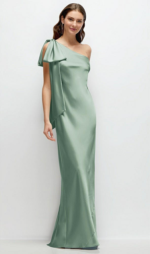 Front View - Seagrass One-Shoulder Bias-Cut Satin Maxi Dress with Cascading Shoulder Bow