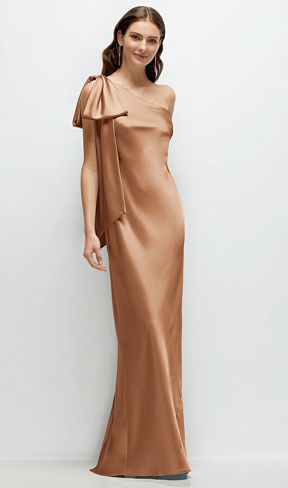 Front View - Toffee One-Shoulder Bias-Cut Satin Maxi Dress with Cascading Shoulder Bow