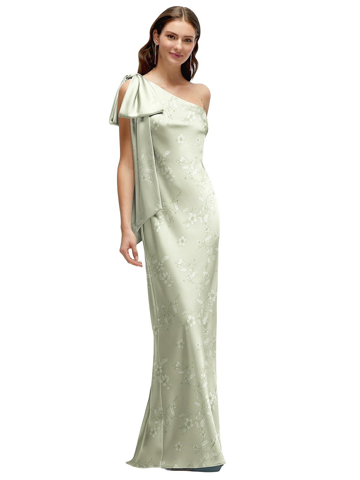 One-shoulder Bias-cut Floral Satin Maxi Bridesmaid Dress With