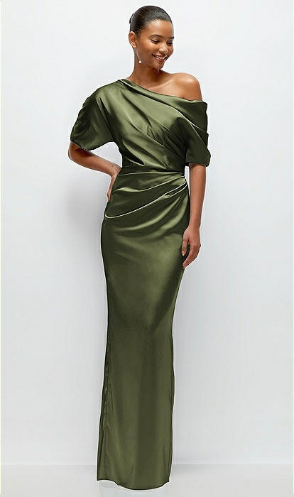 Asymmetrical Off-the-shoulder Pleated Satin Maxi Bridesmaid Dress In Olive  Green | The Dessy Group