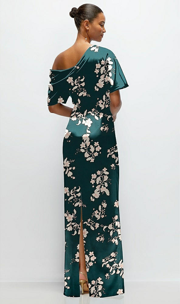 Back View - Vintage Primrose Evergreen Asymmetrical Off-the-Shoulder Draped Floral Satin Maxi Dress
