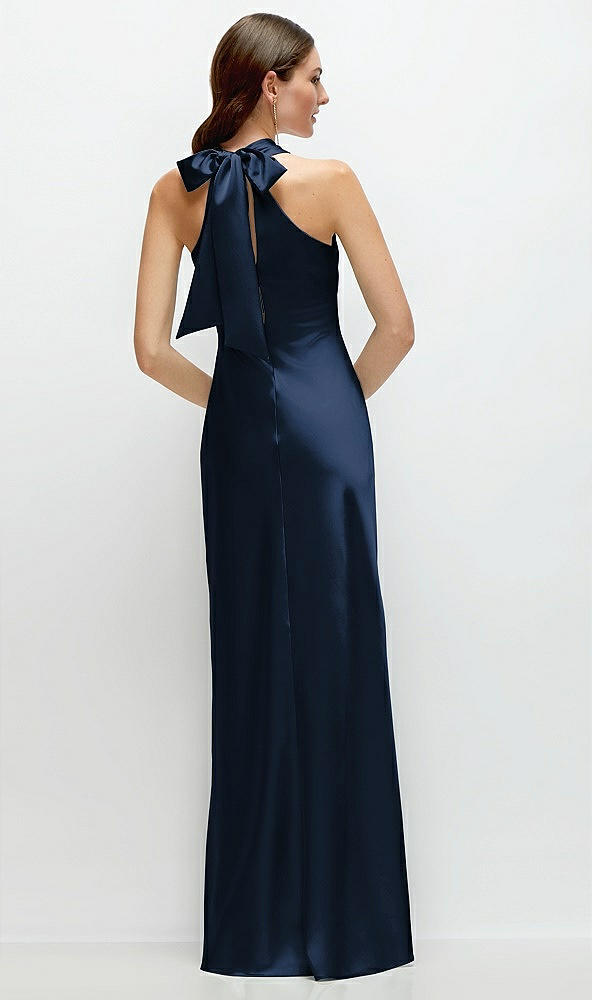 Back View - Midnight Navy Pleated Halter Bias Satin Maxi Dress with Self-Tie Bow Back