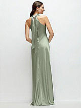 Alt View 1 Thumbnail - Sage Pleated Halter Bias Satin Maxi Dress with Self-Tie Bow Back