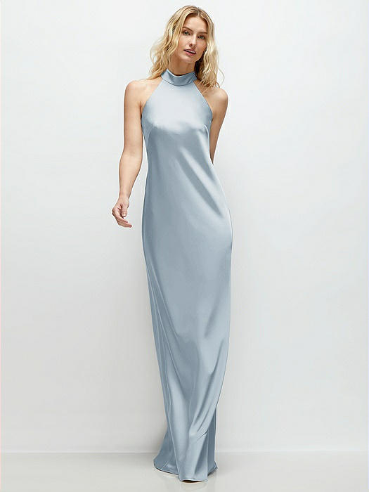 Stand Collar Bias Satin Maxi Dress with Self-Tie Bow Back