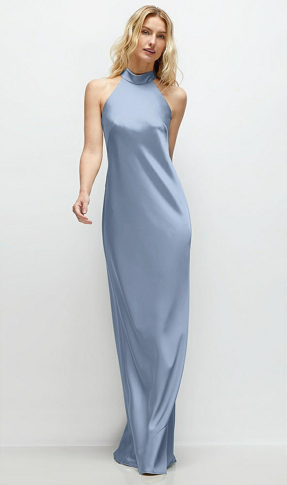 Front View - Cloudy Stand Collar Bias Satin Maxi Dress with Self-Tie Bow Back