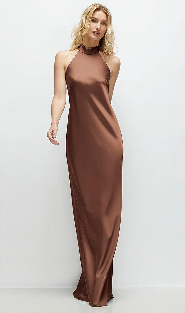 Front View - Cognac Stand Collar Bias Satin Maxi Dress with Self-Tie Bow Back