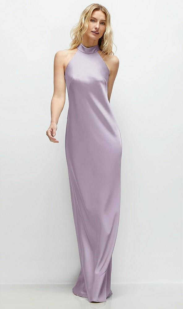 Front View - Lilac Haze Stand Collar Bias Satin Maxi Dress with Self-Tie Bow Back
