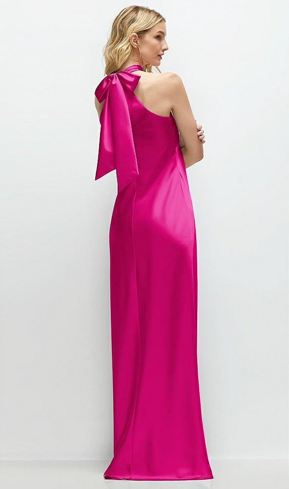 Back View - Think Pink Stand Collar Bias Satin Maxi Dress with Self-Tie Bow Back