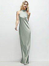Front View Thumbnail - Willow Green Stand Collar Bias Satin Maxi Dress with Self-Tie Bow Back