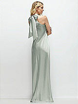 Rear View Thumbnail - Willow Green Stand Collar Bias Satin Maxi Dress with Self-Tie Bow Back