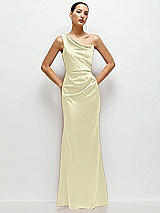 Front View Thumbnail - Butter Yellow One-Shoulder Cat-Eye Neckline Fit and Flare Satin Maxi Dress