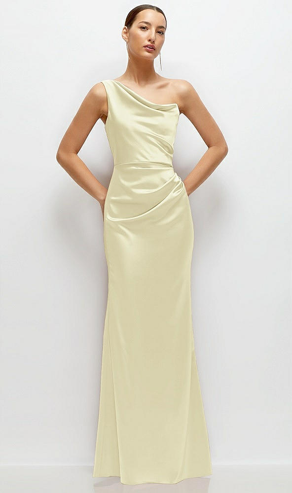 Front View - Butter Yellow One-Shoulder Cat-Eye Neckline Fit and Flare Satin Maxi Dress