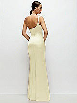 Rear View Thumbnail - Butter Yellow One-Shoulder Cat-Eye Neckline Fit and Flare Satin Maxi Dress