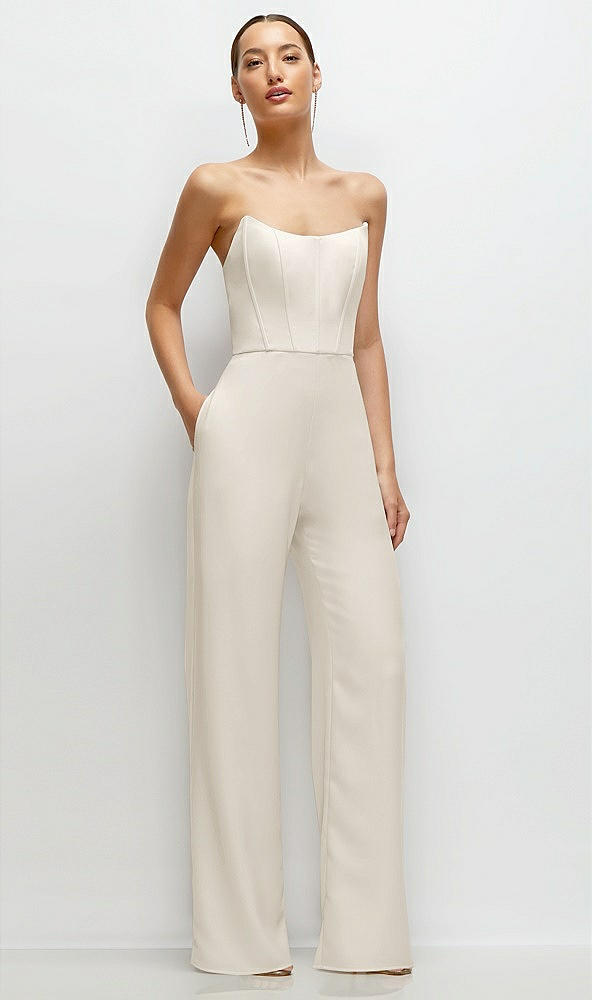 Front View - Ivory Strapless Cat-Eye Corset Crepe Wedding Jumpsuit