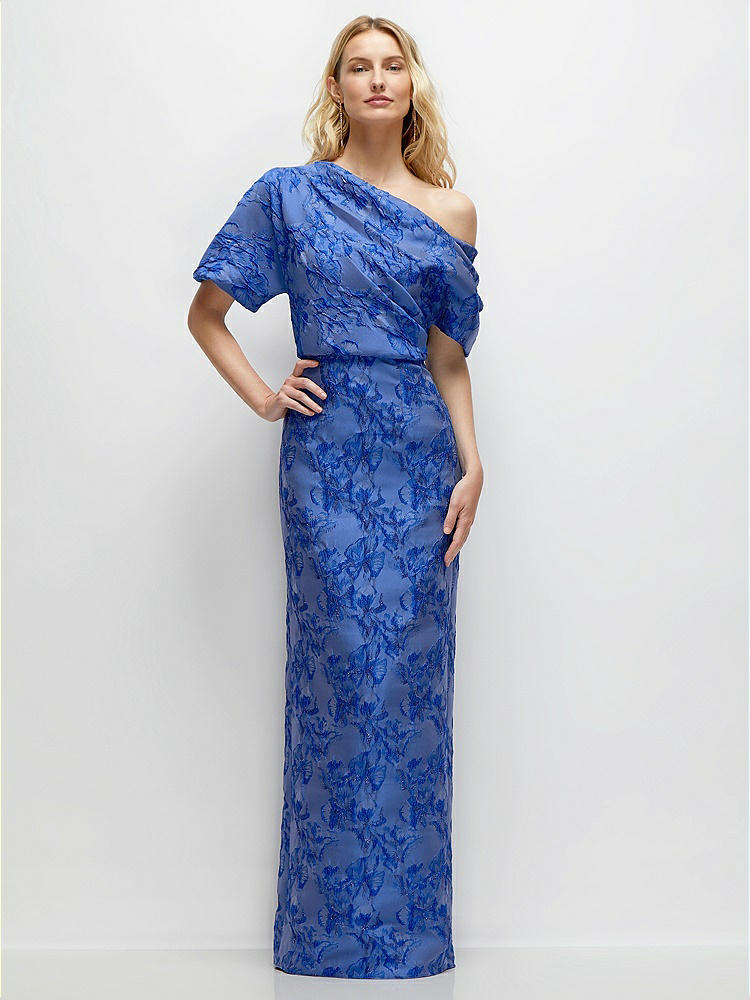 Cobalt Blue Floral Metallic Jacquard Square Neck Maxi