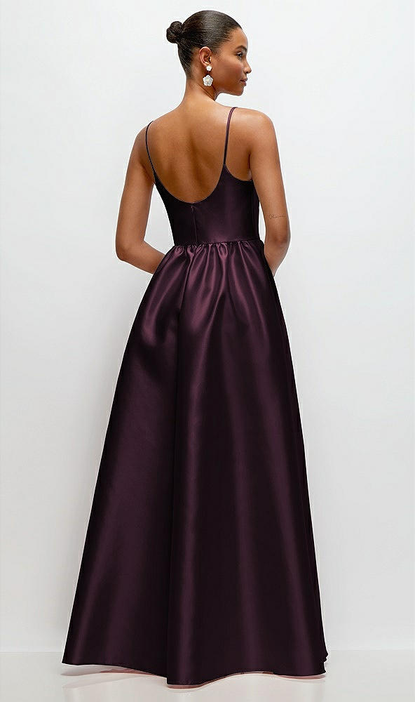 Back View - Deep Plum Scoop Neck Drop Basque Skirt Satin Maxi Dress with Pockets
