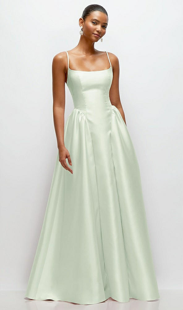 Front View - Mint Green Scoop Neck Drop Basque Skirt Satin Maxi Dress with Pockets