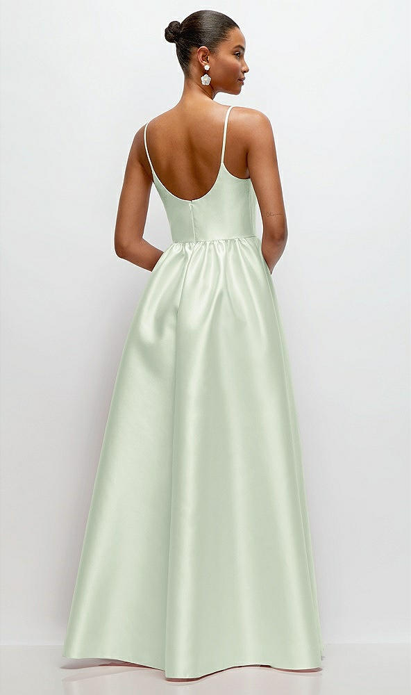 Back View - Mint Green Scoop Neck Drop Basque Skirt Satin Maxi Dress with Pockets