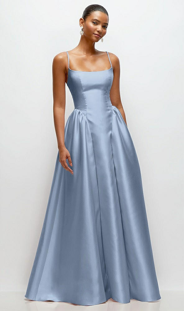 Front View - Cloudy Scoop Neck Drop Basque Skirt Satin Maxi Dress with Pockets