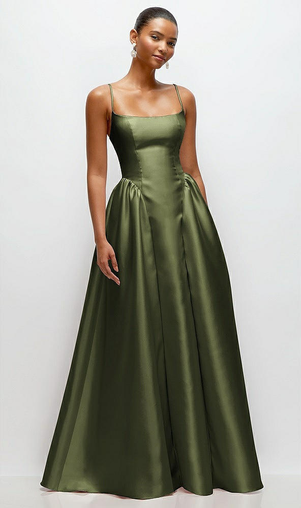 Front View - Olive Green Scoop Neck Drop Basque Skirt Satin Maxi Dress with Pockets