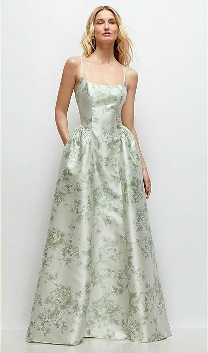 Scoop Neck Drop Basque Skirt Floral Satin Maxi Bridesmaid Dress