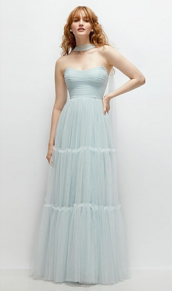 Front View - Mist Strapless Cat-Eye Neu Tulle Tiered Maxi Dress with Convertible Sash