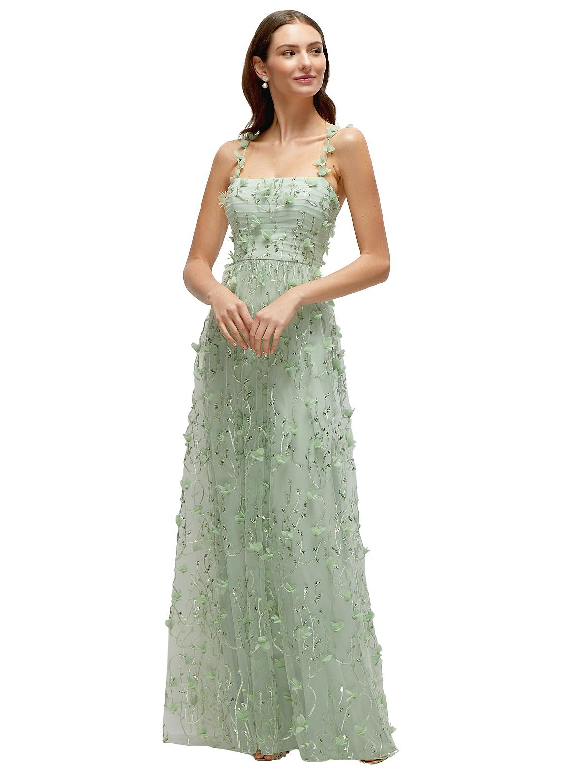 Shirred 3d Sequin Embroidery Floral Maxi Bridesmaid Dress With