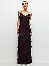Front View Thumbnail - Deep Plum Asymmetrical Ruffle Chiffon Bias Slip Maxi Dress