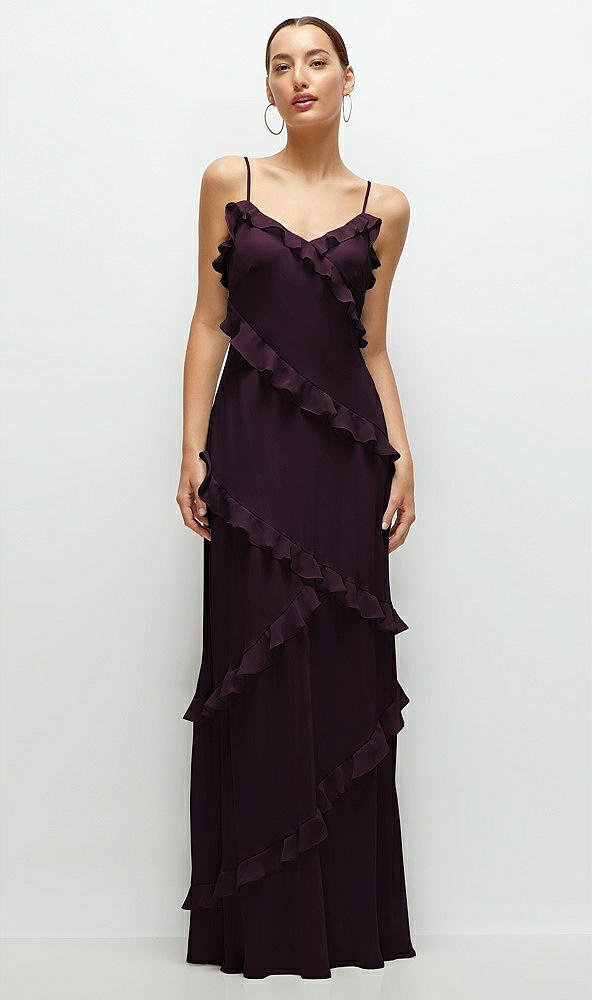 Front View - Deep Plum Asymmetrical Ruffle Chiffon Bias Slip Maxi Dress