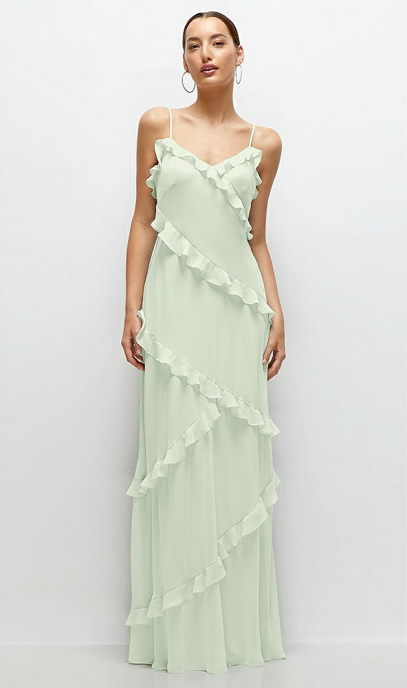 Front View - Mint Green Asymmetrical Ruffle Chiffon Bias Slip Maxi Dress