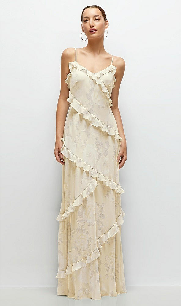 Front View - Butter Yellow Floral Asymmetrical Ruffle Chiffon Bias Slip Maxi Dress