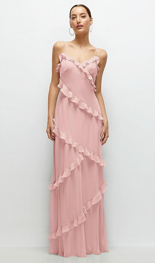 Front View - Rose Asymmetrical Ruffle Chiffon Bias Slip Maxi Dress