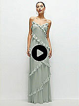 Video 1 Thumbnail - Coquette Floral Print Asymmetrical Ruffle Chiffon Bias Slip Maxi Dress