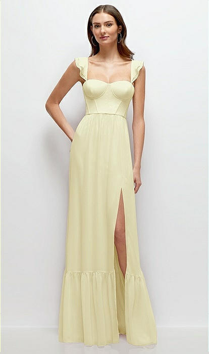 未使用 CARAMEL HYSSOP DRESS Ruffle Strap Chiffon Bustier Maxi Bridesmaid Dress With