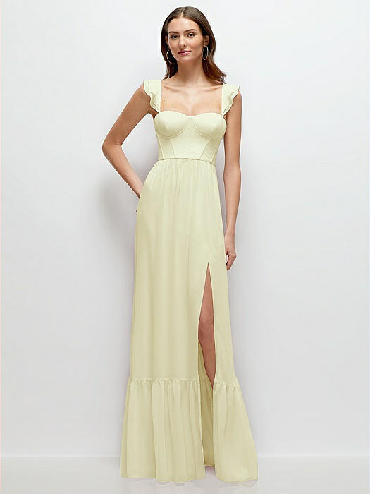 Ruffle Strap Chiffon Bustier Maxi Dress with Ruffle Hem A-Line Skirt