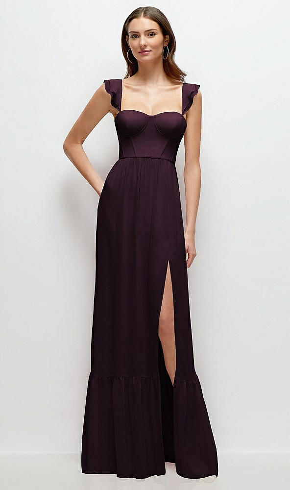 Front View - Deep Plum Ruffle Strap Chiffon Bustier Maxi Dress with Ruffle Hem A-Line Skirt