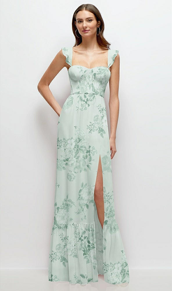 Front View - Mint Green Floral Ruffle Strap Chiffon Bustier Maxi Dress with Ruffle Hem A-Line Skirt