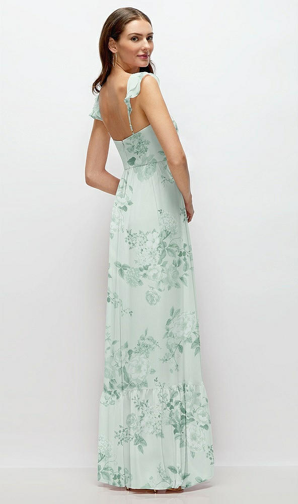 Back View - Mint Green Floral Ruffle Strap Chiffon Bustier Maxi Dress with Ruffle Hem A-Line Skirt