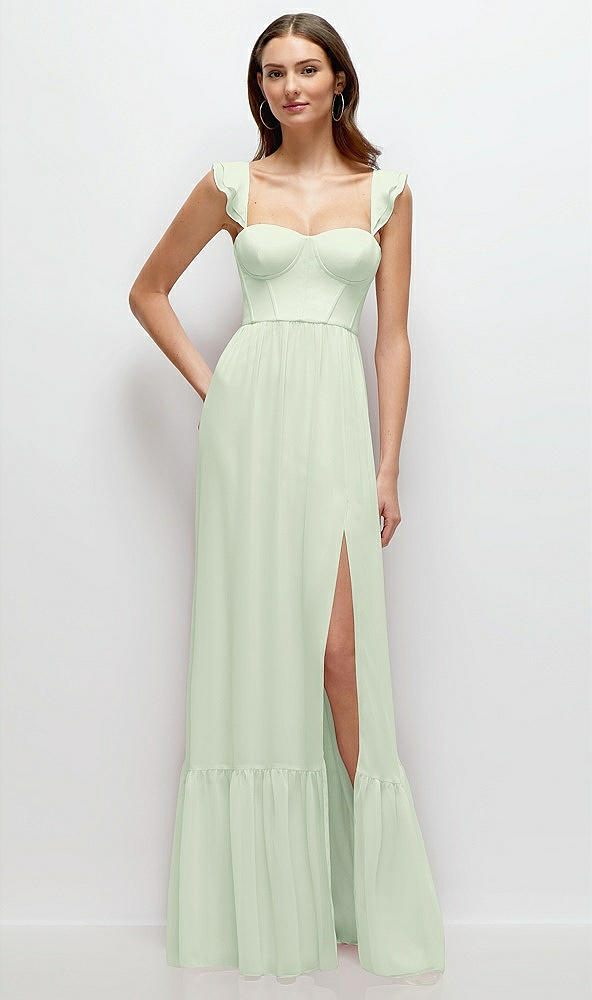 Front View - Mint Green Ruffle Strap Chiffon Bustier Maxi Dress with Ruffle Hem A-Line Skirt