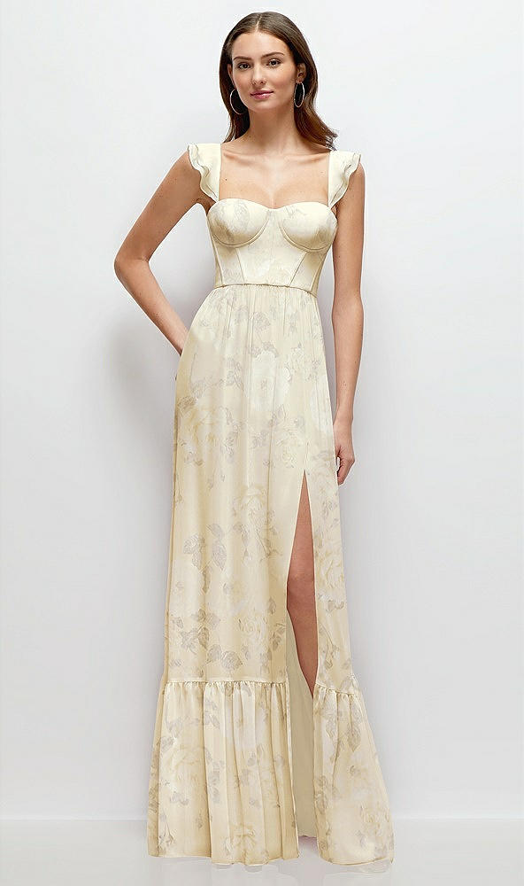 Front View - Butter Yellow Floral Ruffle Strap Chiffon Bustier Maxi Dress with Ruffle Hem A-Line Skirt