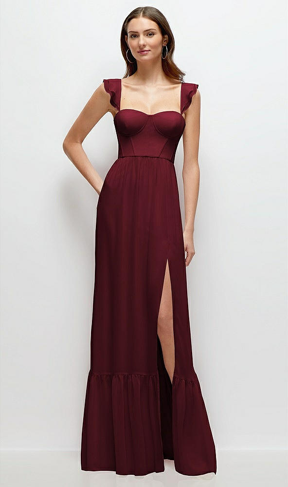 Front View - Cabernet Ruffle Strap Chiffon Bustier Maxi Dress with Ruffle Hem A-Line Skirt