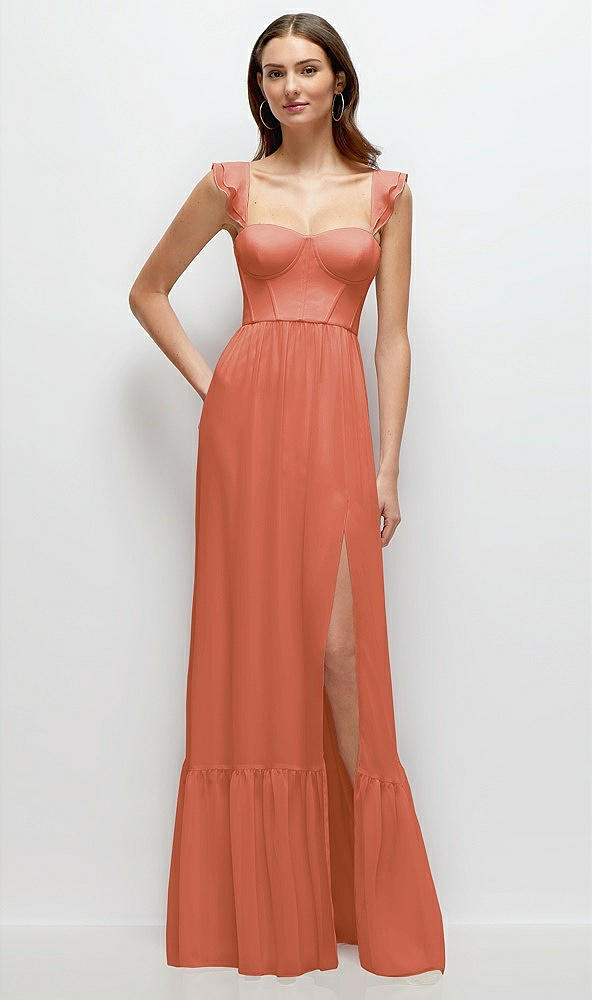 Front View - Terracotta Copper Ruffle Strap Chiffon Bustier Maxi Dress with Ruffle Hem A-Line Skirt