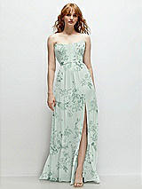 Front View Thumbnail - Mint Green Floral Strapless Cat-Eye Corset Maxi Dress with Ruffle Hem A-Line Skirt