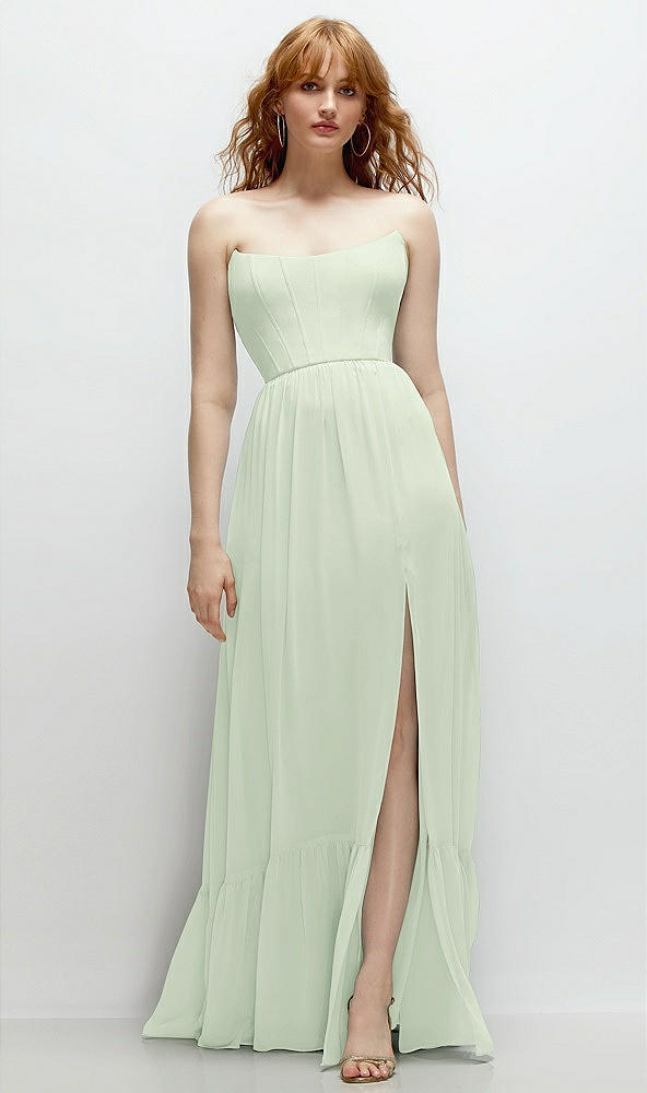 Front View - Mint Green Strapless Cat-Eye Corset Maxi Dress with Ruffle Hem A-Line Skirt