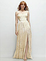Front View Thumbnail - Butter Yellow Floral Strapless Cat-Eye Corset Maxi Dress with Ruffle Hem A-Line Skirt