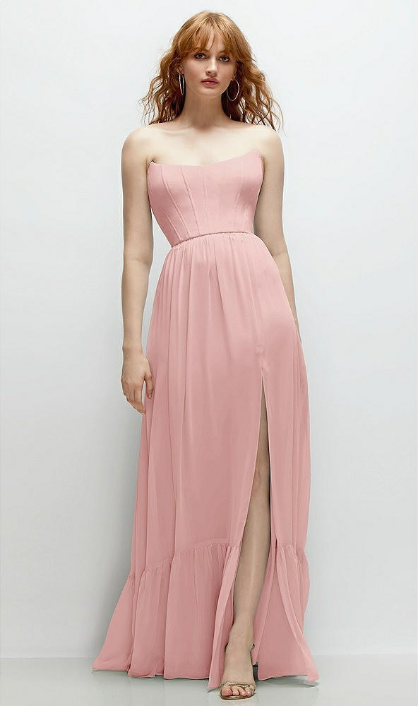Front View - Rose Strapless Cat-Eye Corset Maxi Dress with Ruffle Hem A-Line Skirt
