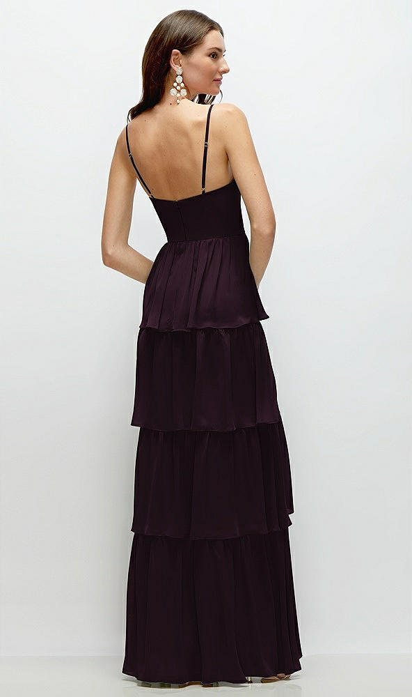 Back View - Deep Plum Bustier-Style Chiffon Tiered Ruffle Maxi Dress with Adjustable Straps