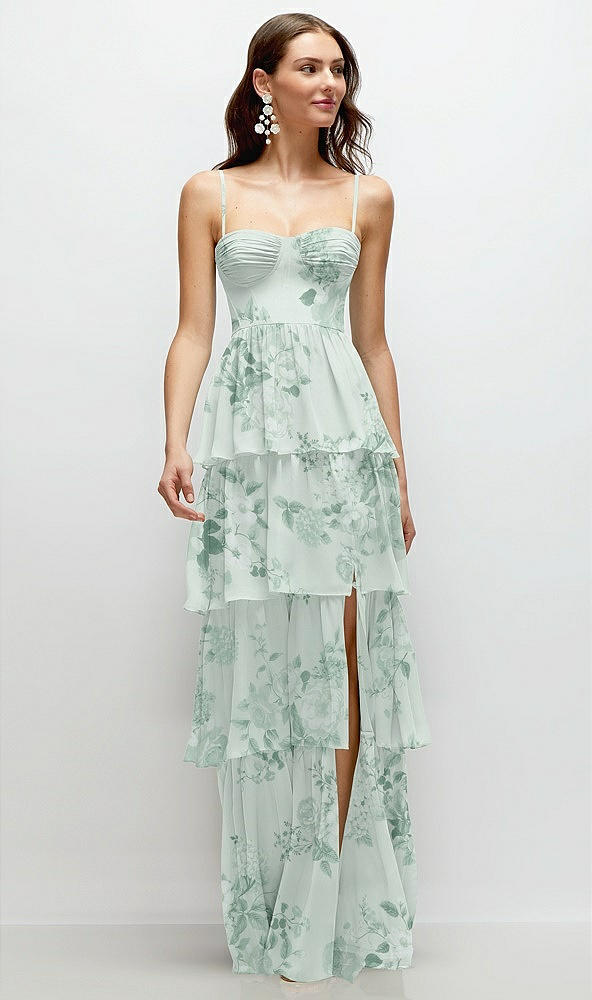 Front View - Mint Green Floral Bustier-Style Chiffon Tiered Ruffle Maxi Dress with Adjustable Straps