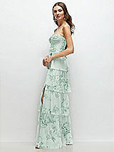 Side View Thumbnail - Mint Green Floral Bustier-Style Chiffon Tiered Ruffle Maxi Dress with Adjustable Straps